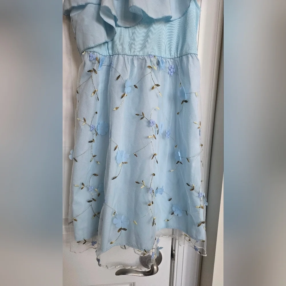Girls Light Blue One Shoulder Ruffle Embroidered Mesh Dress 9Y